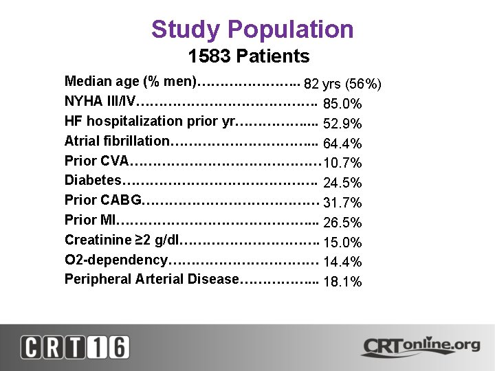 Study Population 1583 Patients • • • Median age (% men)…………………. . 82 yrs