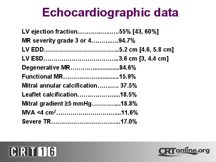 Echocardiographic data • • • LV ejection fraction. . ………. . …. 55% [43,