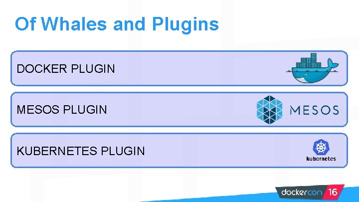 Of Whales and Plugins DOCKER PLUGIN MESOS PLUGIN KUBERNETES PLUGIN 