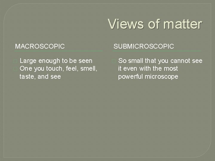 Views of matter MACROSCOPIC � � Large enough to be seen One you touch, Views of matter MACROSCOPIC � � Large enough to be seen One you touch,