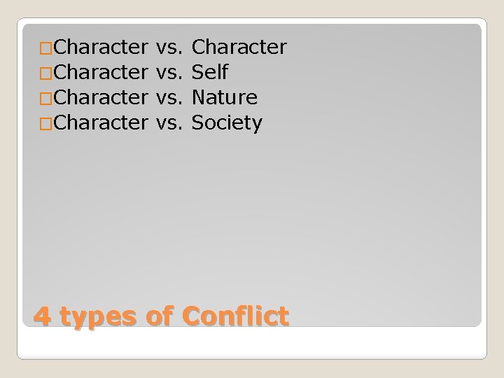 �Character vs. Character Self Nature Society 4 types of Conflict 