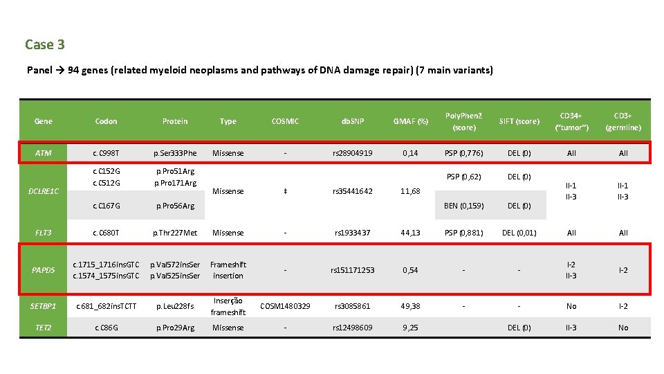 Case 3 Panel → 94 genes (related myeloid neoplasms and pathways of DNA damage