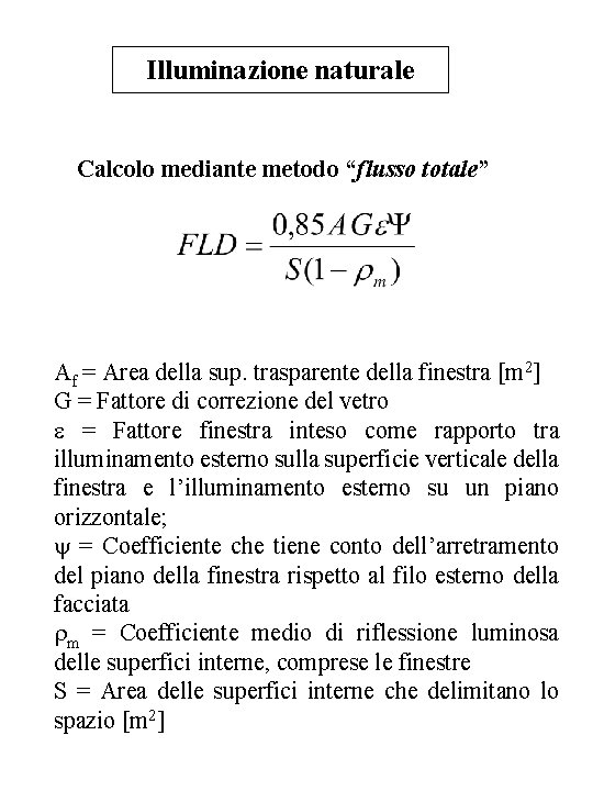 Illuminazione naturale Calcolo mediante metodo “flusso totale” Af = Area della sup. trasparente della