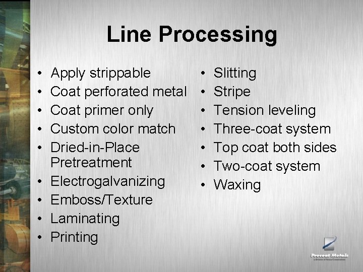 Line Processing • • • Apply strippable Coat perforated metal Coat primer only Custom