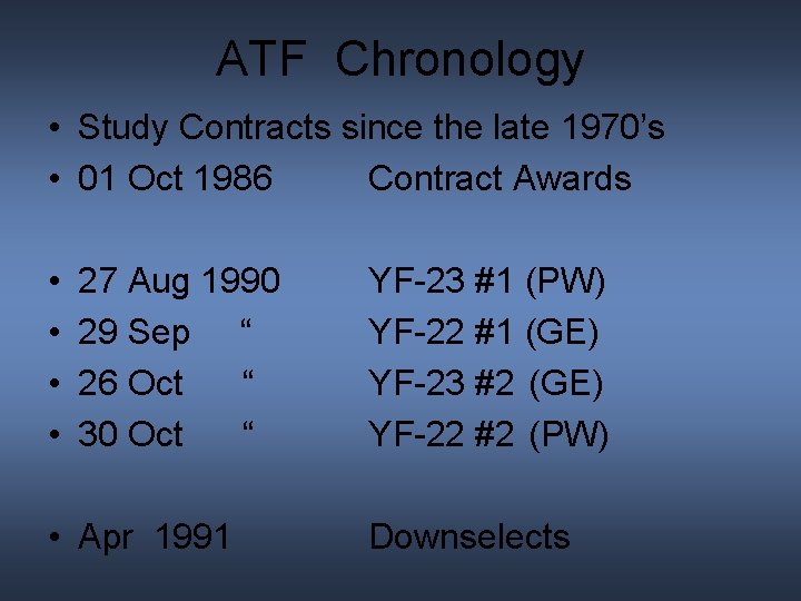 ATF Chronology • Study Contracts since the late 1970’s • 01 Oct 1986 Contract