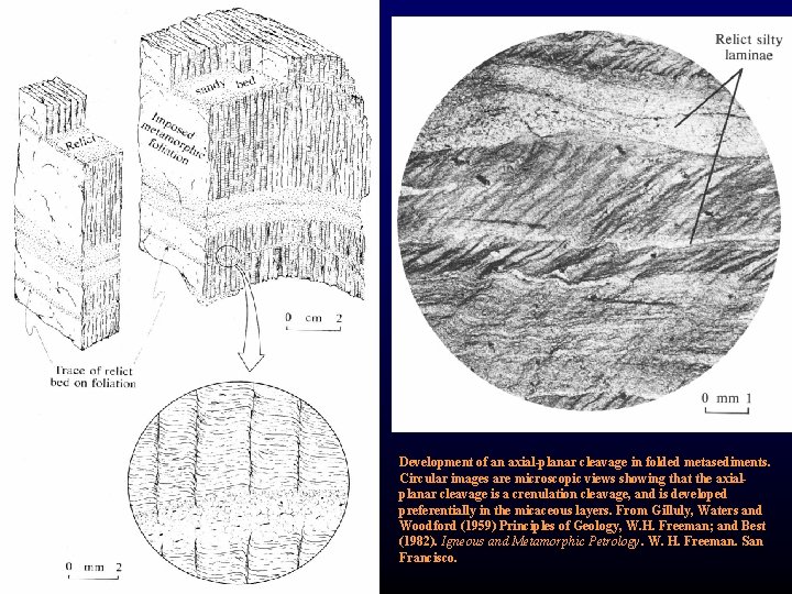 Development of an axial-planar cleavage in folded metasediments. Circular images are microscopic views showing