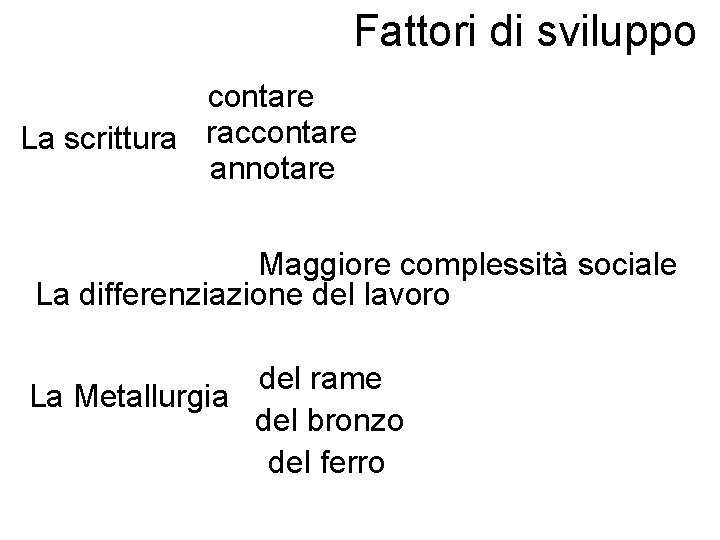 Fattori di sviluppo contare La scrittura raccontare annotare Maggiore complessità sociale La differenziazione del