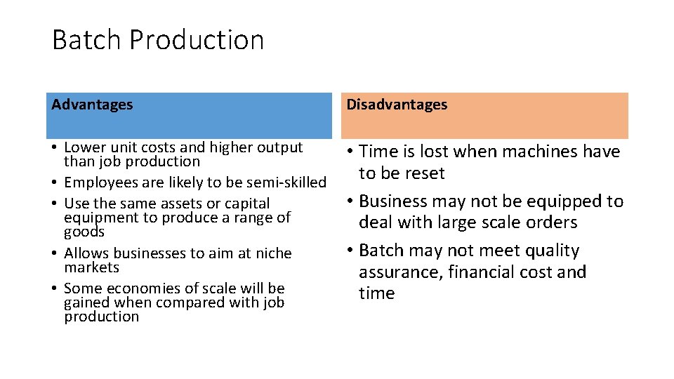 Batch Production Advantages Disadvantages • Lower unit costs and higher output than job production
