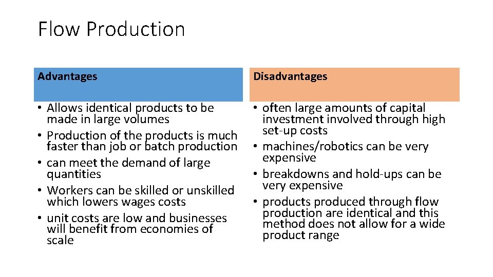 Flow Production Advantages Disadvantages • Allows identical products to be made in large volumes