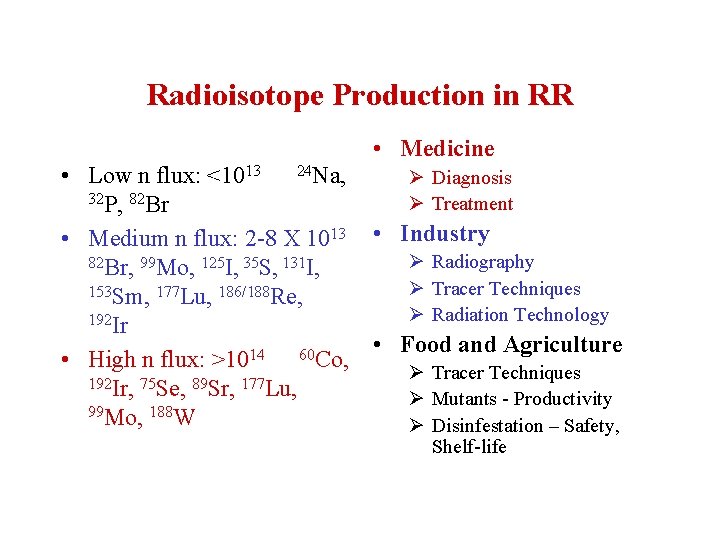 Radioisotope Production in RR • Low n flux: <1013 24 Na, 32 P, 82