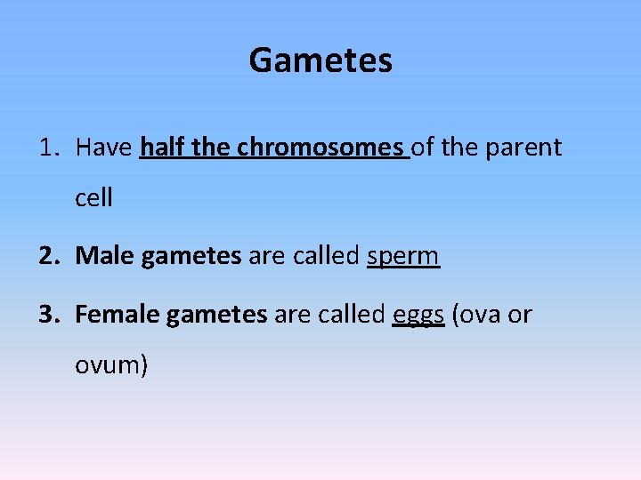 Gametes 1. Have half the chromosomes of the parent cell 2. Male gametes are