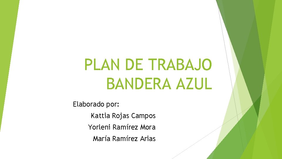 PLAN DE TRABAJO BANDERA AZUL Elaborado por: Kattia Rojas Campos Yorleni Ramírez Mora María