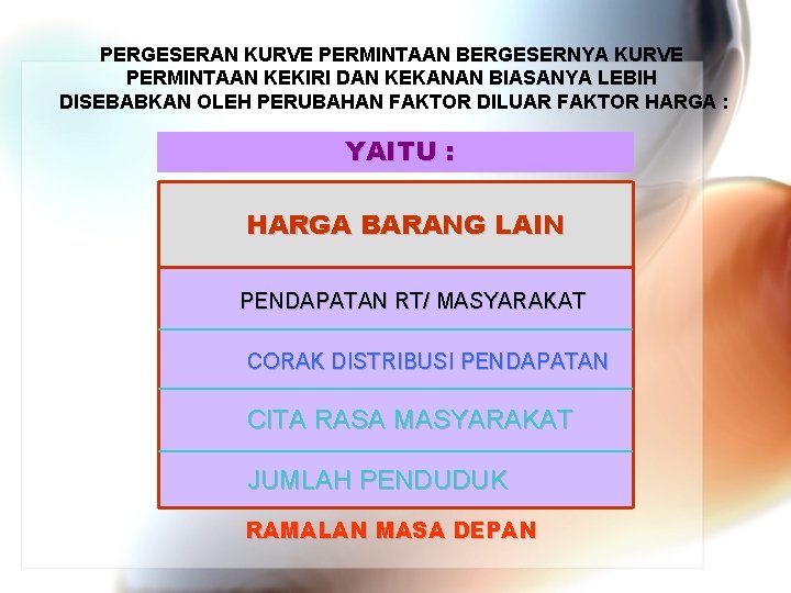 PERGESERAN KURVE PERMINTAAN BERGESERNYA KURVE PERMINTAAN KEKIRI DAN KEKANAN BIASANYA LEBIH DISEBABKAN OLEH PERUBAHAN