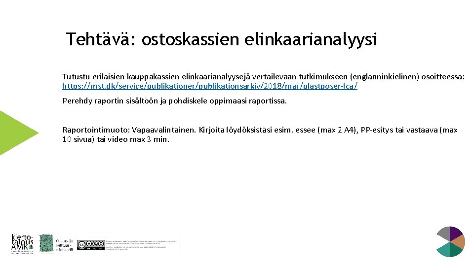 Tehtävä: ostoskassien elinkaarianalyysi Tutustu erilaisien kauppakassien elinkaarianalyysejä vertailevaan tutkimukseen (englanninkielinen) osoitteessa: https: //mst. dk/service/publikationer/publikationsarkiv/2018/mar/plastposer-lca/