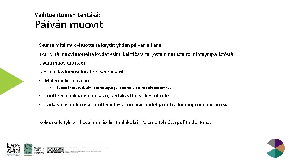 Vaihtoehtoinen tehtävä: Päivän muovit Seuraa mitä muovituotteita käytät yhden päivän aikana. TAI: Mitä muovituotteita