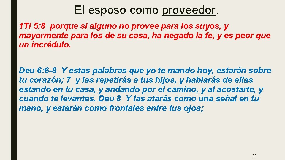 El esposo como proveedor. 1 Ti 5: 8 porque si alguno no provee para