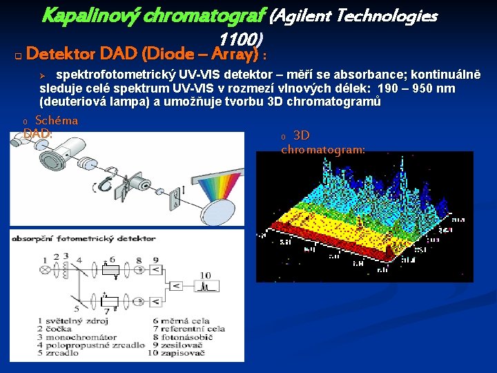 Kapalinový chromatograf (Agilent Technologies q 1100) Detektor DAD (Diode – Array) : spektrofotometrický UV-VIS