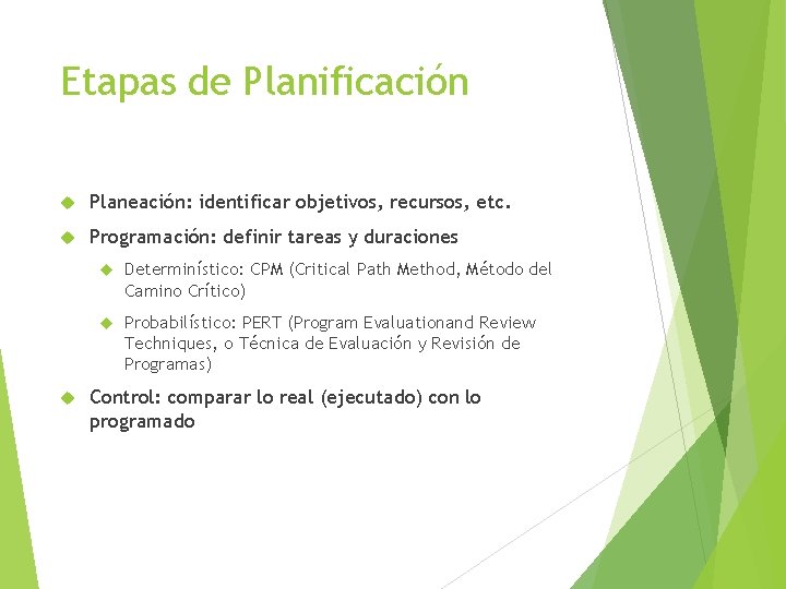 Etapas de Planificación Planeación: identificar objetivos, recursos, etc. Programación: definir tareas y duraciones Determinístico: