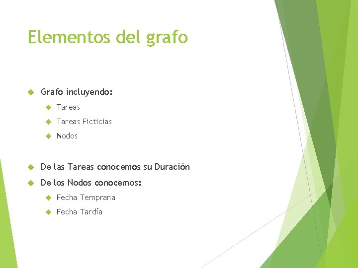 Elementos del grafo Grafo incluyendo: Tareas Ficticias Nodos De las Tareas conocemos su Duración