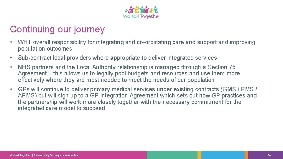 Continuing our journey • WHT overall responsibility for integrating and co-ordinating care and support