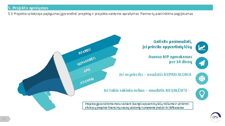 5. Projekto aprašymas 5. 3 Projekto vykdytojo pajėgumas įgyvendinti projektą ir projekto valdymo aprašymas.