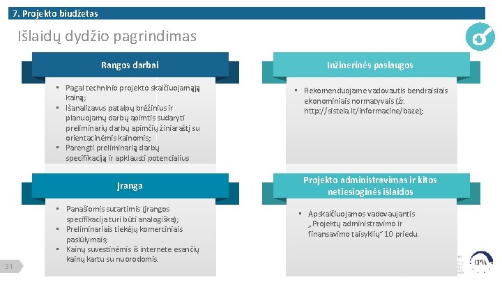 7. Projekto biudžetas Išlaidų dydžio pagrindimas Rangos darbai Inžinerinės paslaugos • Pagal techninio projekto