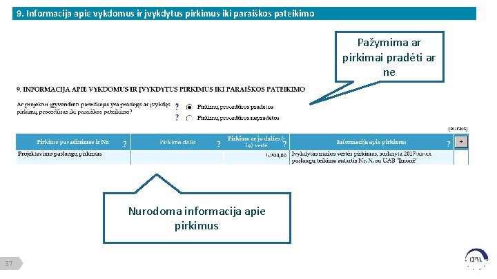 9. Informacija apie vykdomus ir įvykdytus pirkimus iki paraiškos pateikimo Pažymima ar pirkimai pradėti