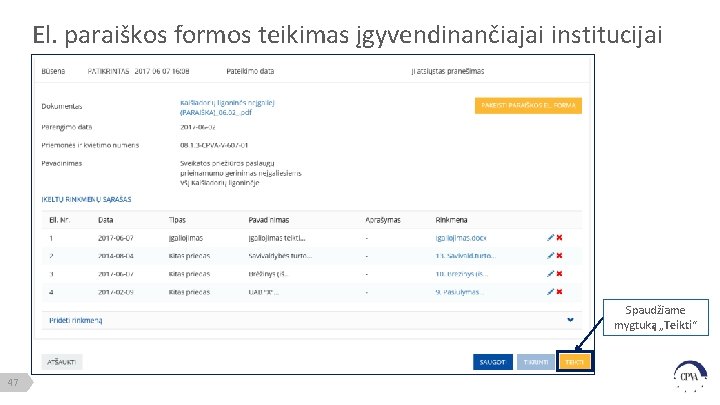 El. paraiškos formos teikimas įgyvendinančiajai institucijai Spaudžiame mygtuką „Teikti“ 47 