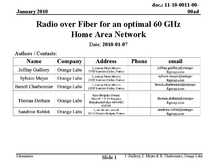 doc. : 11 -10 -0011 -0000 ad January 2010 Radio over Fiber for an