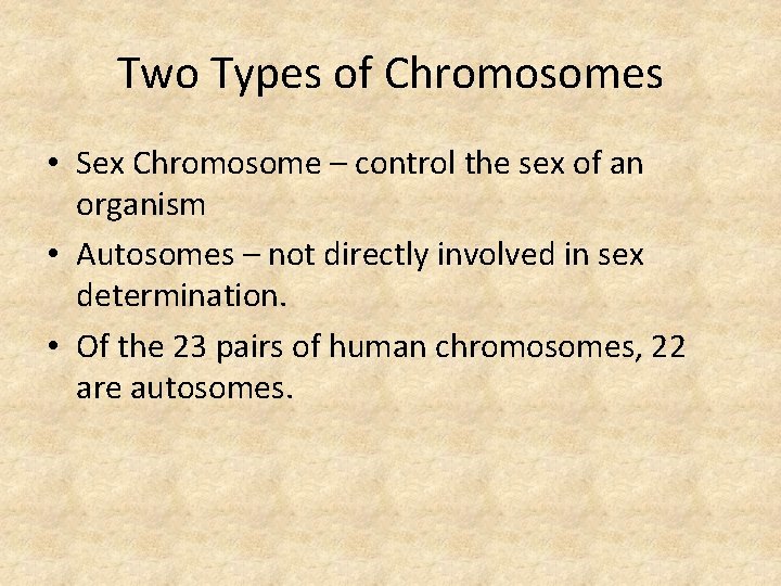 Two Types of Chromosomes • Sex Chromosome – control the sex of an organism