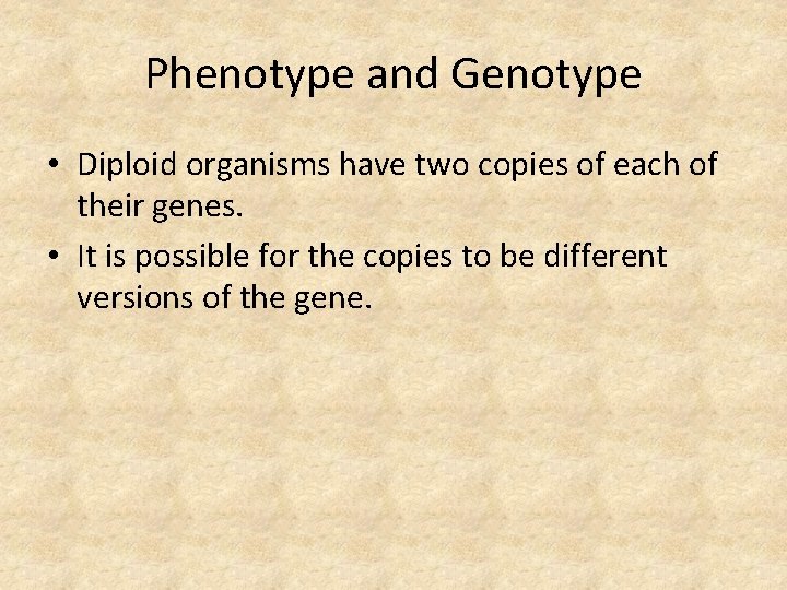 Phenotype and Genotype • Diploid organisms have two copies of each of their genes.