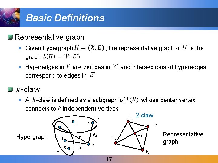 Basic Definitions Representative graph § Given hypergraph , the representative graph of § Hyperedges