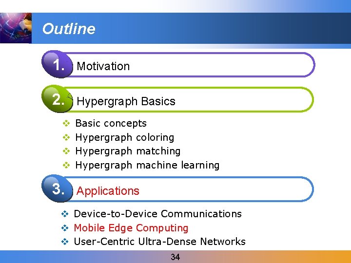 Outline 1. Motivation 2. Hypergraph Basics v v 3. Basic concepts Hypergraph coloring Hypergraph