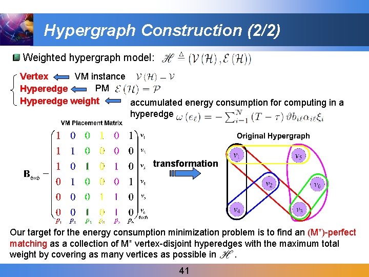 Hypergraph Construction (2/2) Weighted hypergraph model: Vertex VM instance PM Hyperedge weight accumulated energy