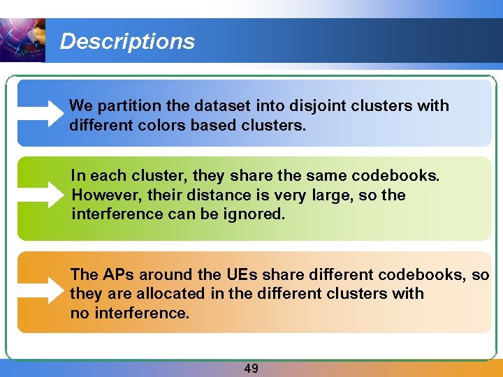 Descriptions We partition the dataset into disjoint clusters with different colors based clusters. In