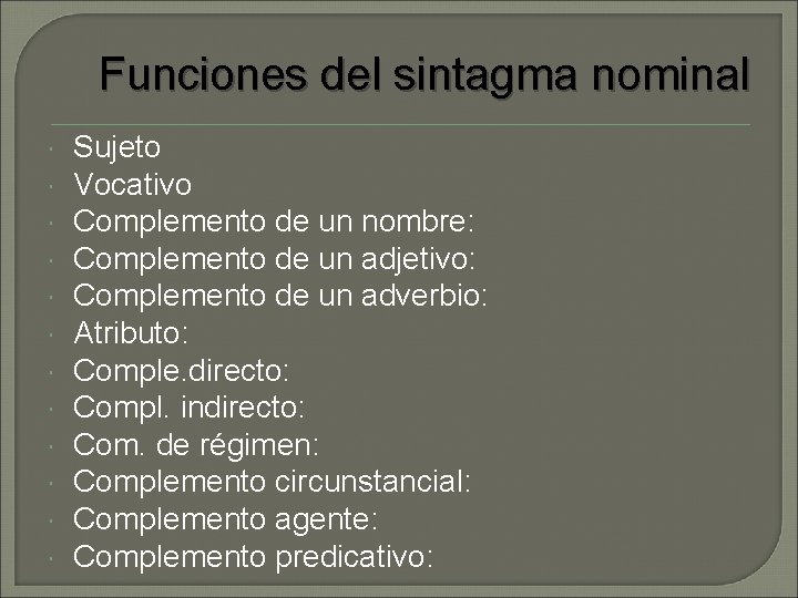 Funciones del sintagma nominal Sujeto Vocativo Complemento de un nombre: Complemento de un adjetivo: