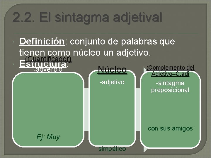 2. 2. El sintagma adjetival Definición: conjunto de palabras que tienen como núcleo un