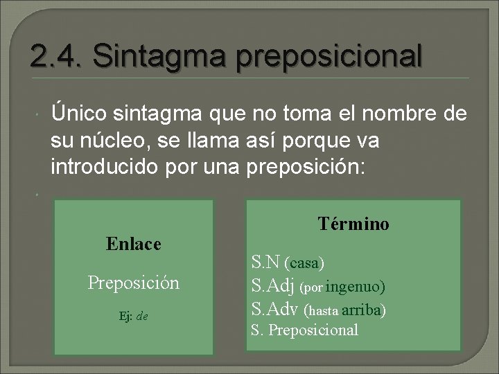 2. 4. Sintagma preposicional Único sintagma que no toma el nombre de su núcleo,