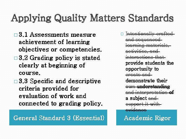 Applying Quality Matters Standards � 3. 1 Assessments measure achievement of learning objectives or Applying Quality Matters Standards � 3. 1 Assessments measure achievement of learning objectives or