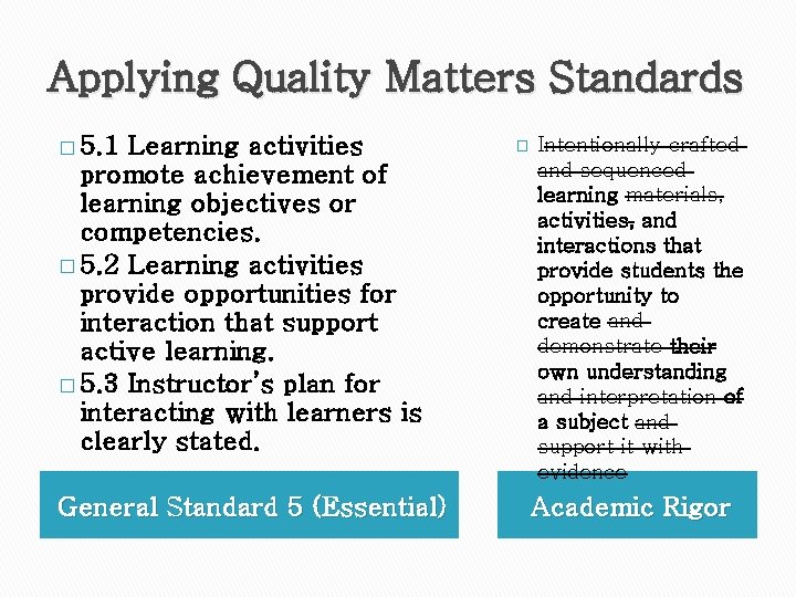 Applying Quality Matters Standards � 5. 1 Learning activities promote achievement of learning objectives Applying Quality Matters Standards � 5. 1 Learning activities promote achievement of learning objectives