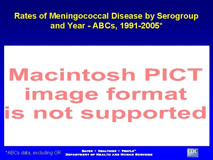 Rates of Meningococcal Disease by Serogroup and Year - ABCs, 1991 -2005* *ABCs data,