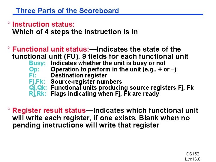 Three Parts of the Scoreboard ° Instruction status: Which of 4 steps the instruction