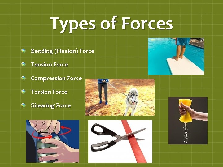 Types of Forces Bending (Flexion) Force Tension Force Compression Force Torsion Force Shearing Force