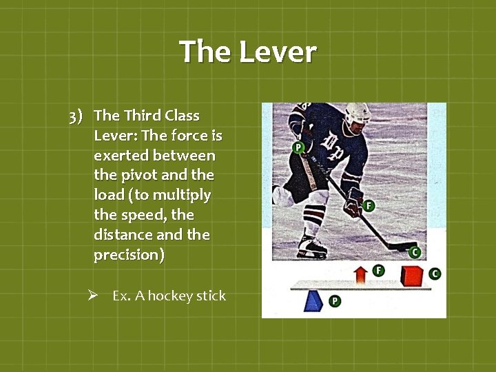 The Lever 3) The Third Class Lever: The force is exerted between the pivot