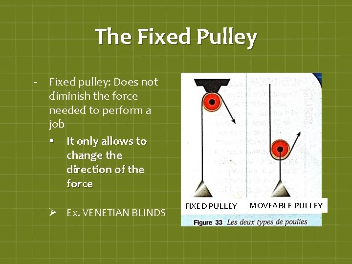 The Fixed Pulley - Fixed pulley: Does not diminish the force needed to perform