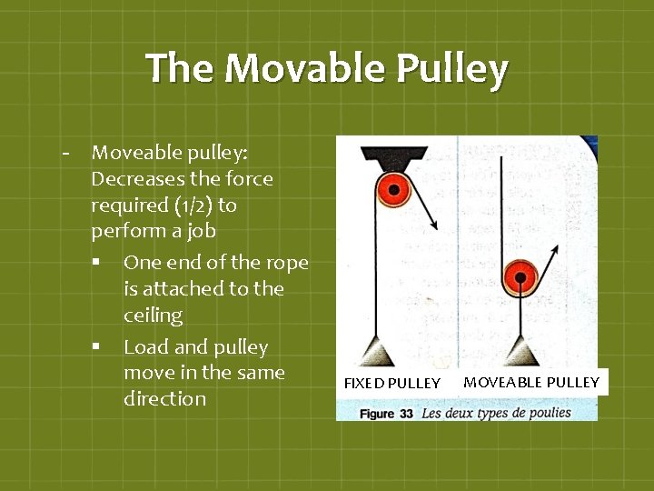 The Movable Pulley - Moveable pulley: Decreases the force required (1/2) to perform a