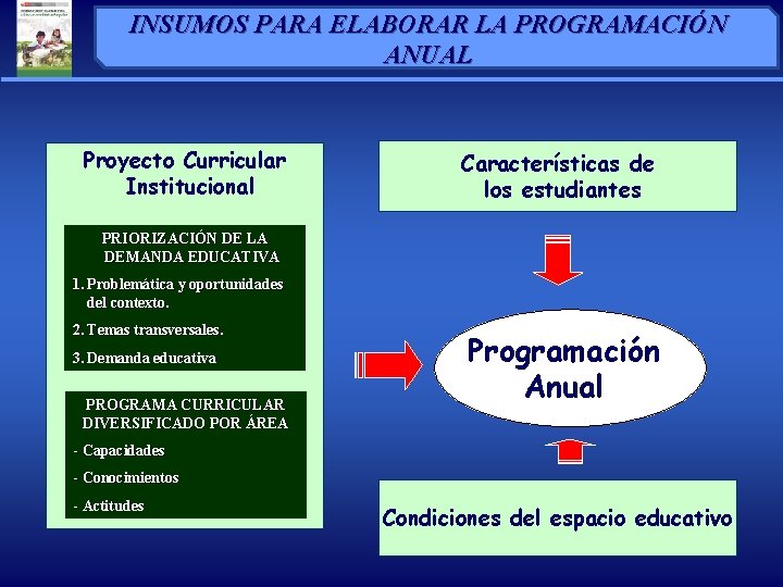 INSUMOS PARA ELABORAR LA PROGRAMACIÓN ANUAL Proyecto Curricular Institucional Características de los estudiantes PRIORIZACIÓN