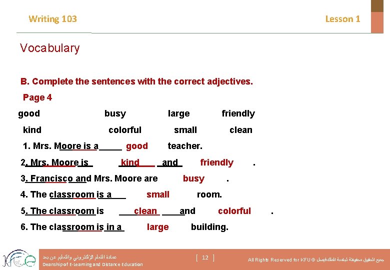 Writing 103 Lesson 1 Vocabulary B. Complete the sentences with the correct adjectives. Page