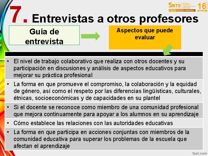 7. Entrevistas a otros profesores Guía de entrevista Aspectos que puede evaluar • El