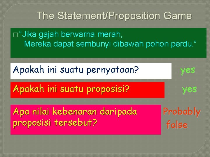 The Statement/Proposition Game � “Jika gajah berwarna merah, Mereka dapat sembunyi dibawah pohon perdu.